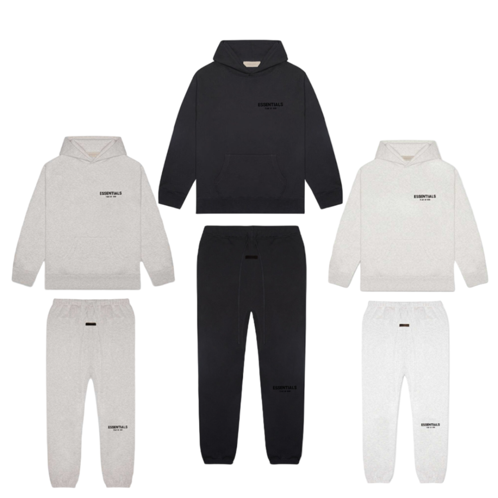 Black, gray, and white tracksuits with brand logo on a white background